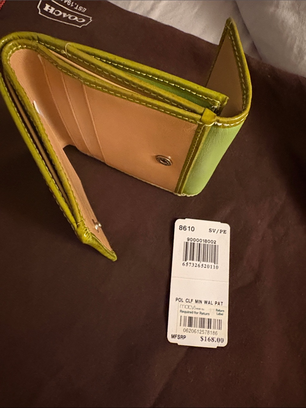 Coach Lime Green Trifold Wallet with Tan Interior